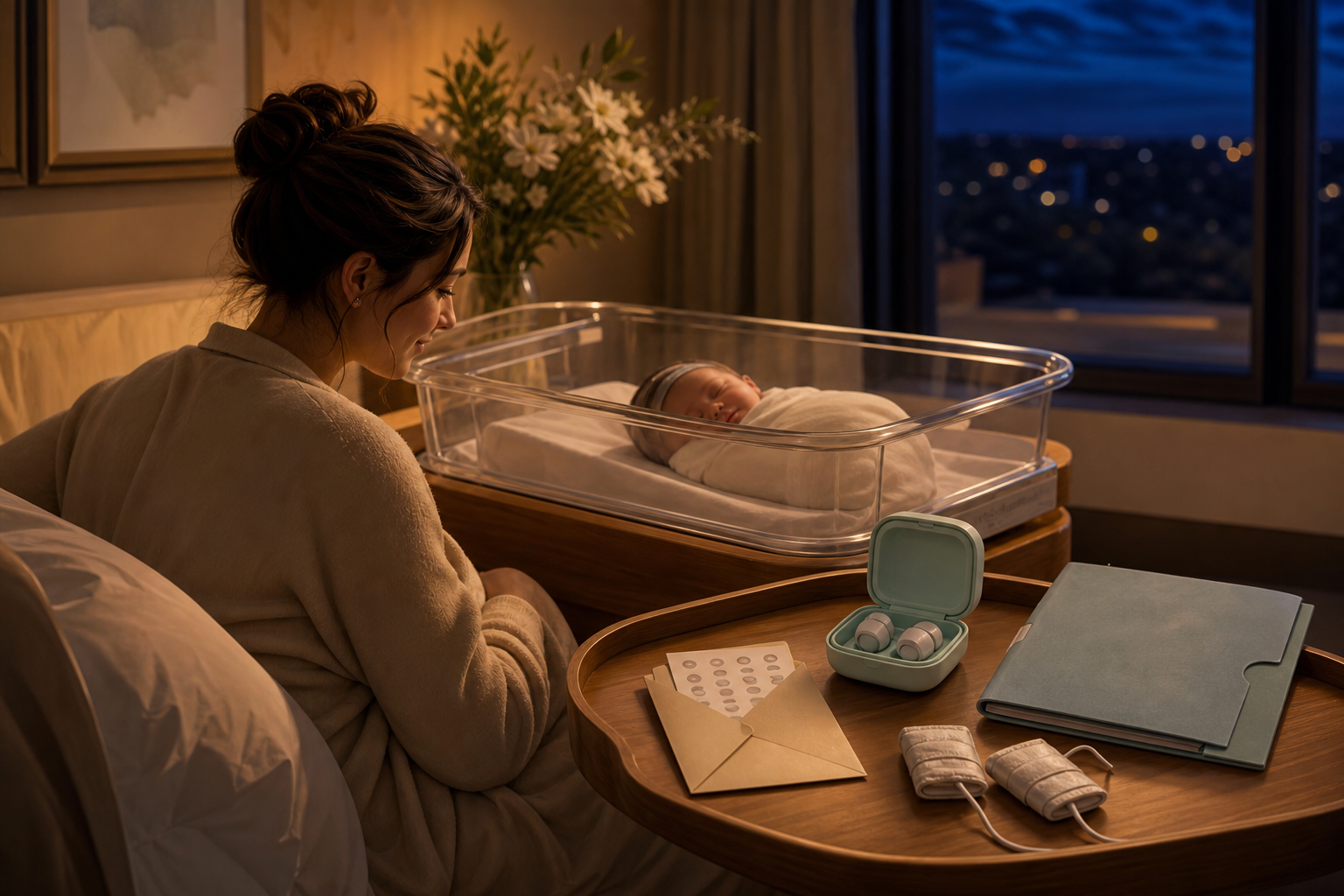 Parent beside a resting newborn and a tray holding a blood-spot card, hearing probes, light sensors and a follow-up folder