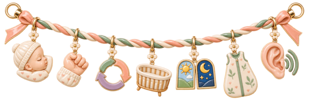 Charm ribbon showing active and quiet newborn sleep cues, a bassinet rail, a cycle loop and day-night windows