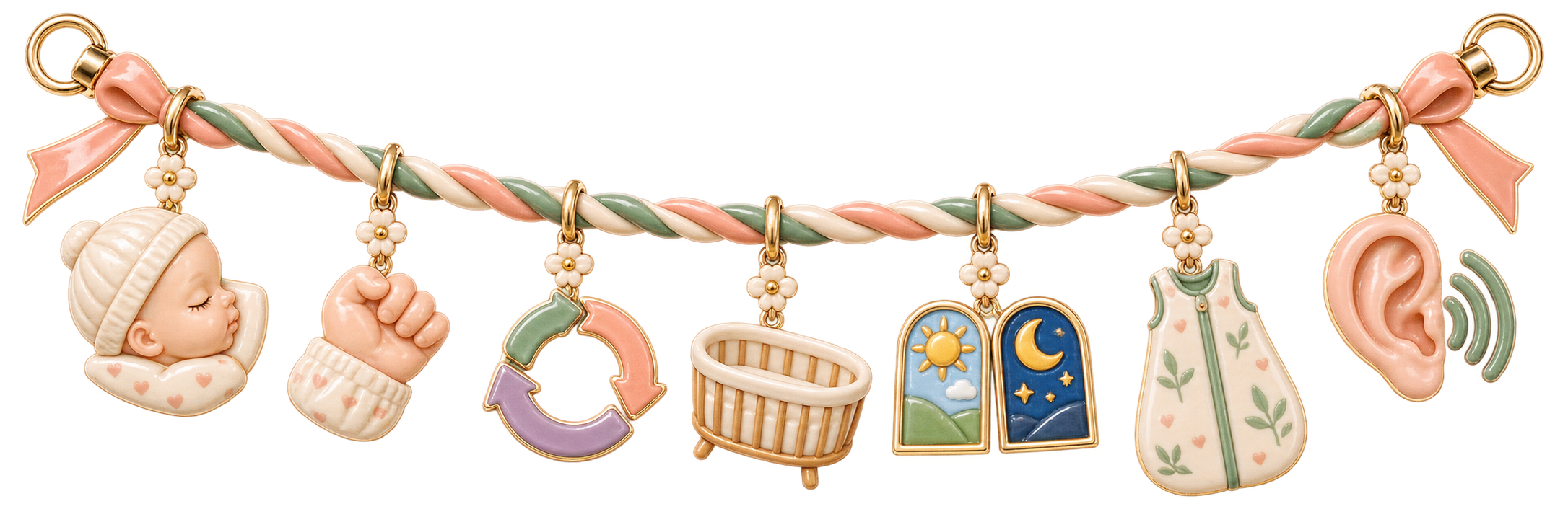 Charm ribbon showing active and quiet newborn sleep cues, a bassinet rail, a cycle loop and day-night windows