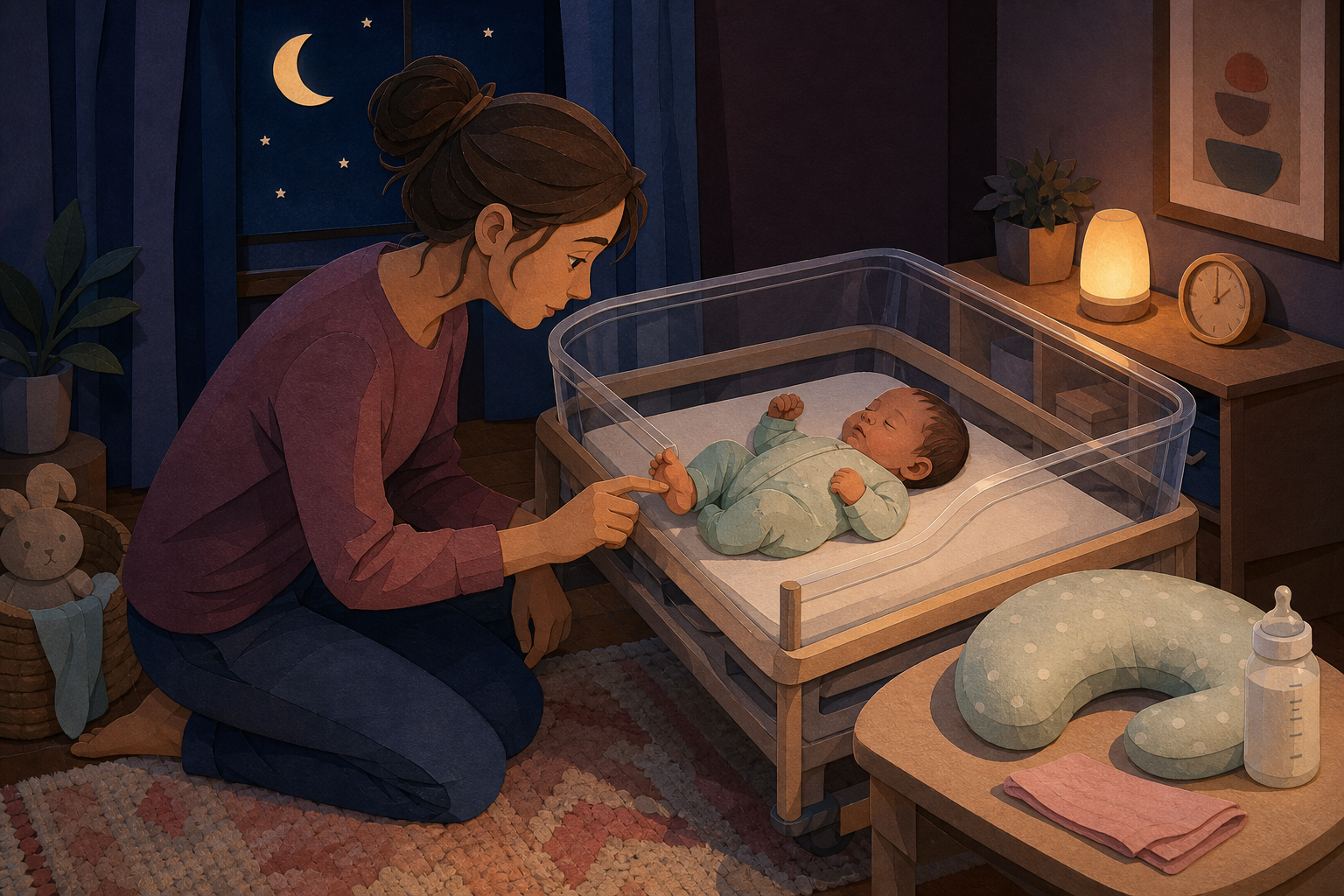 Caregiver kneels beside a clear bassinet and reaches toward a sleepy newborn's foot while feeding supplies wait on a separate table