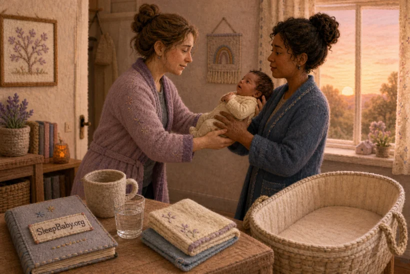 At dawn, two awake caregivers hand off an alert newborn beside a feed log, water, used mug, folded cloths, and an empty bassinet.