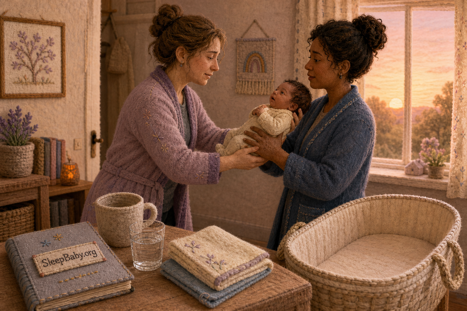 At dawn, two awake caregivers hand off an alert newborn beside a feed log, water, used mug, folded cloths, and an empty bassinet.