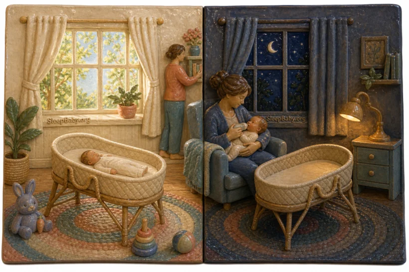 Ceramic day-and-night scene shows a newborn safely asleep in a bare bassinet by day and awake in a caregiver's arms for a quiet feed at night.