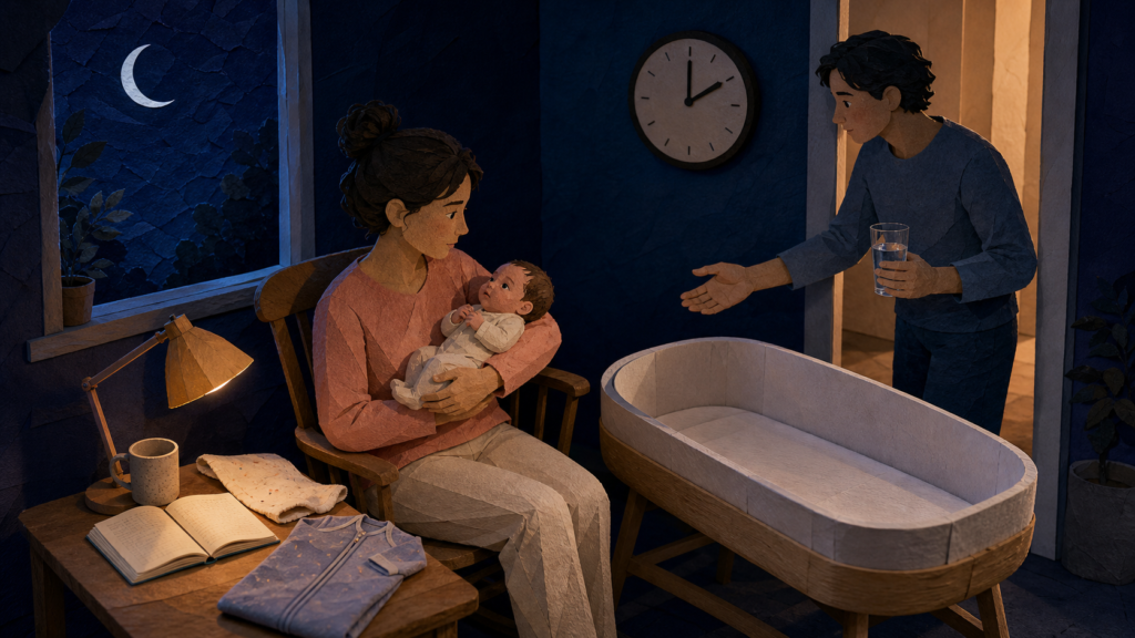 At 2 a.m., one awake caregiver holds an alert newborn beside an empty bassinet while a second adult brings water and offers to take over.