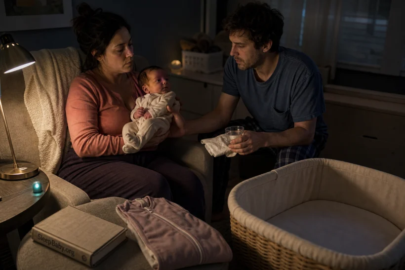 Two awake caregivers coordinate a nighttime handoff beside an empty bassinet, feed log, water, and folded sleep garment.