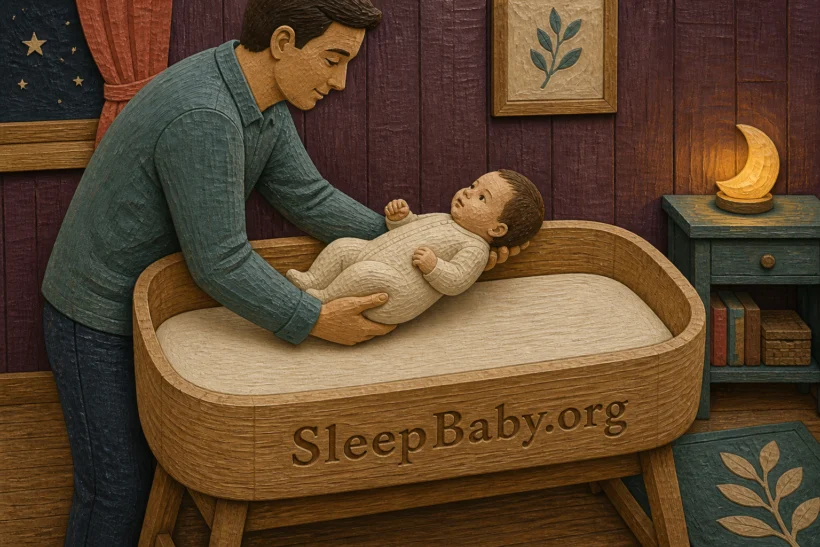 Awake caregiver supports a fully clothed newborn's head and torso while lowering the baby onto the back in an empty bassinet.
