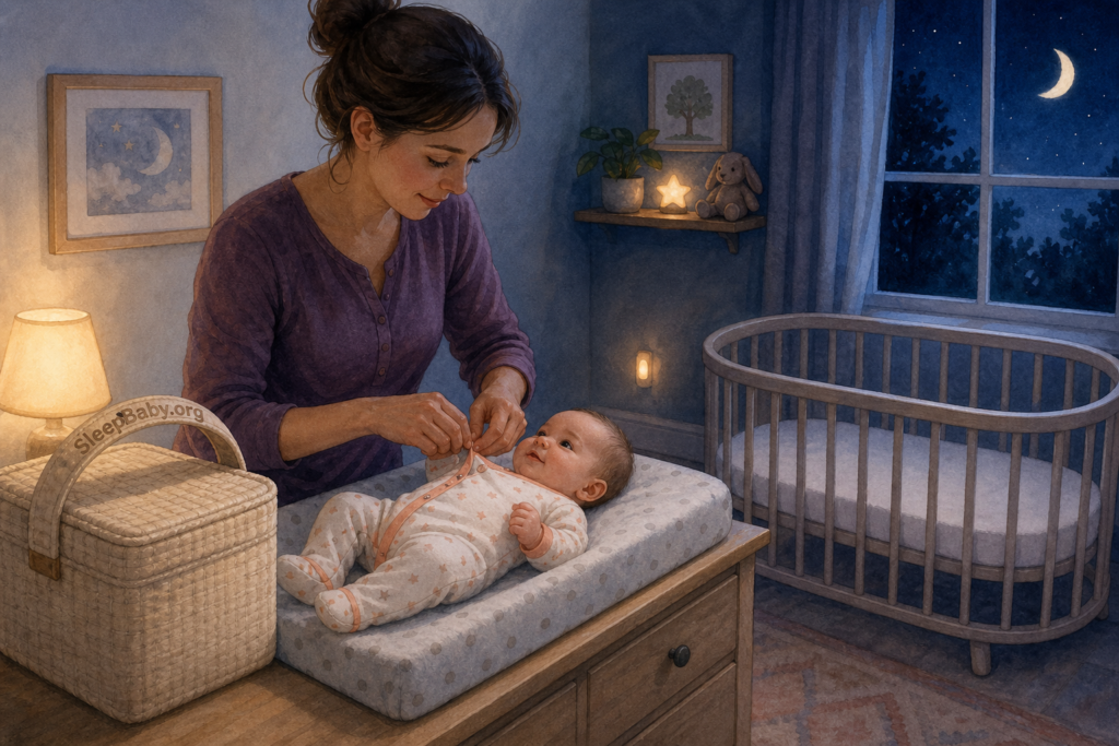 A caregiver closes an awake baby's pajamas at a changing station while an empty bare crib waits separately in the moonlit nursery.