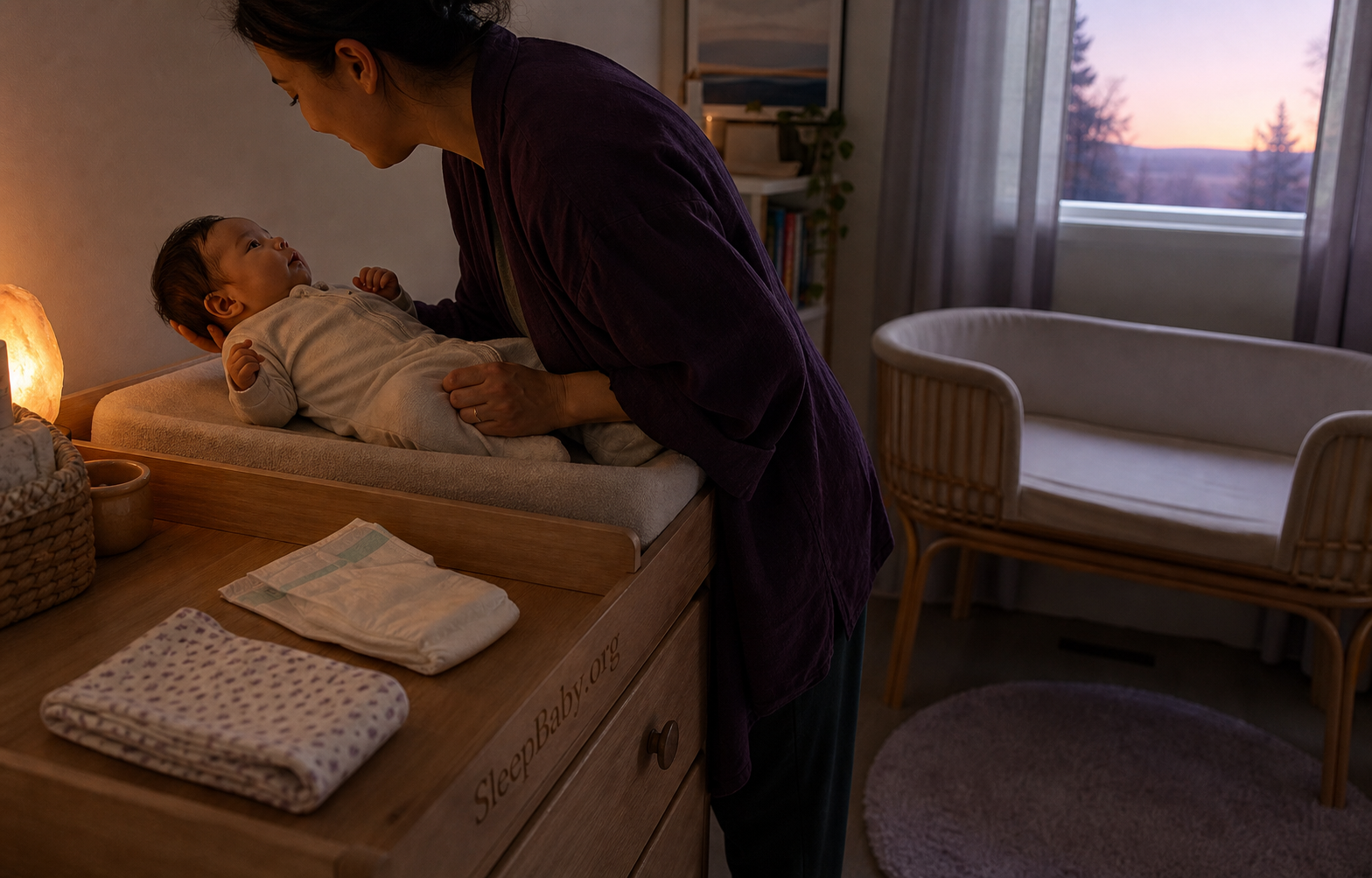 Caregiver checks a comfortable clothed baby at dawn with a folded liner, clean diaper and empty bassinet in view