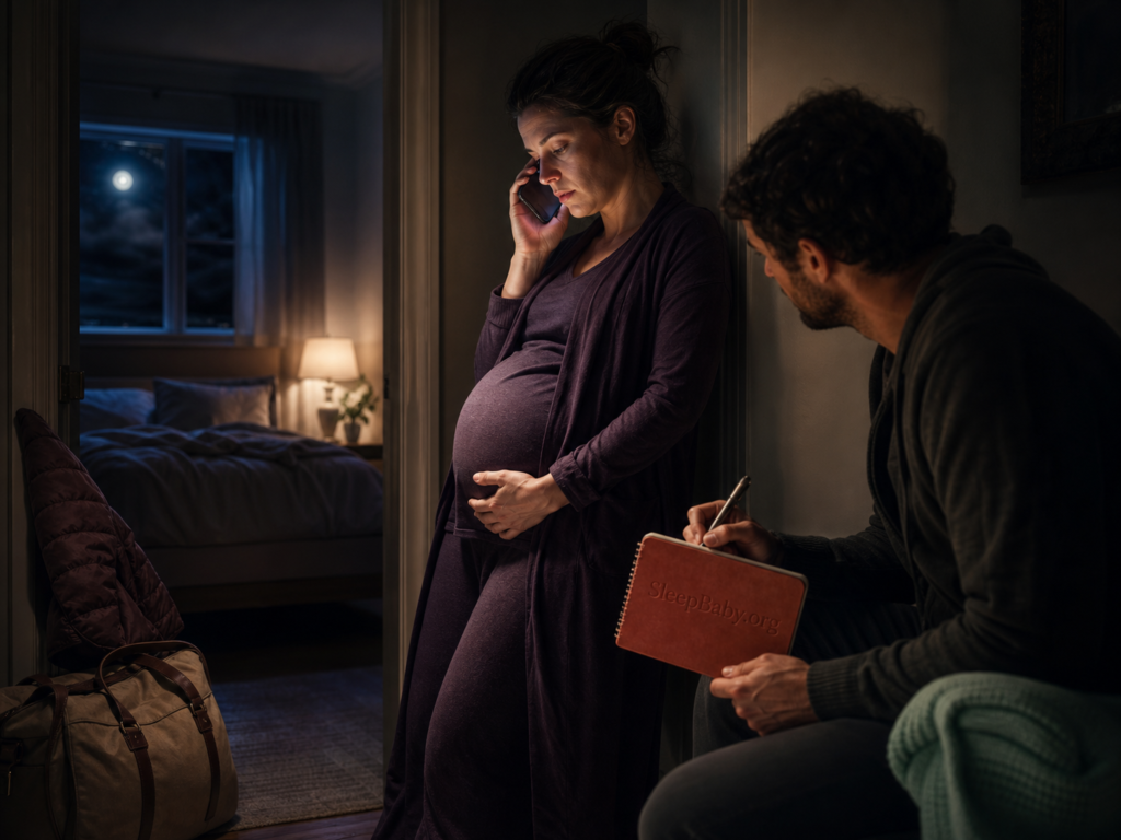 A pregnant adult listens on a nighttime maternity call while a support person records simple contraction marks near a packed bag