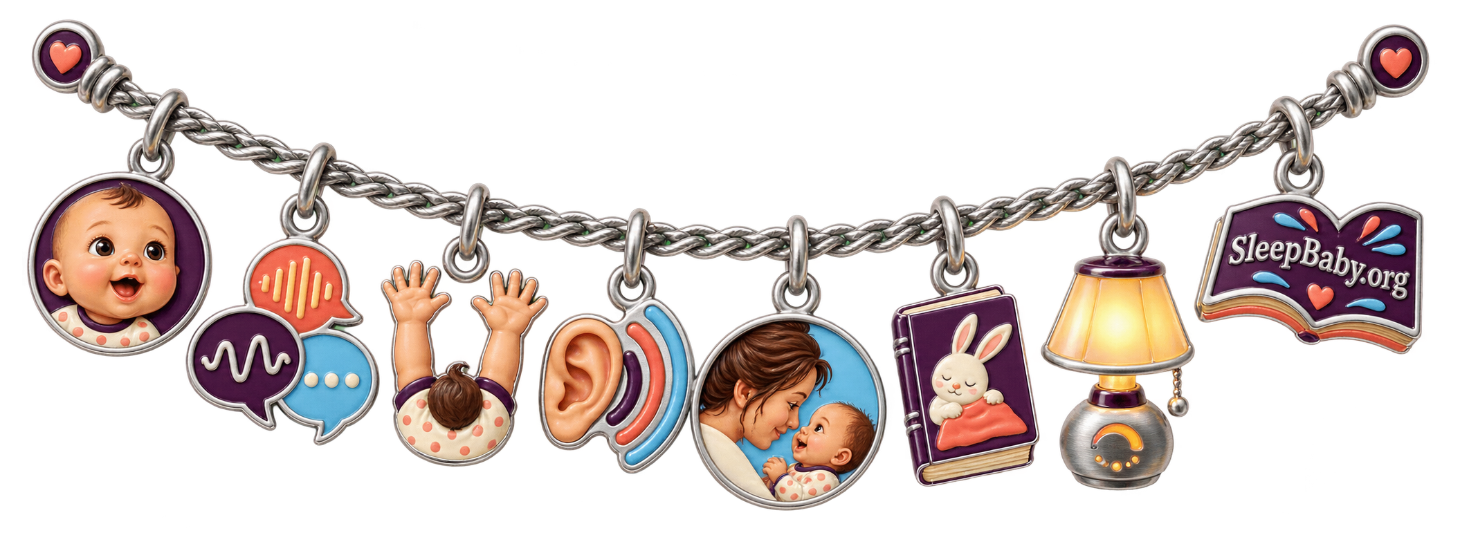A silver communication strand pairs babble, raised arms, listening and shared gaze with a closed bedtime book and dimmable lamp.