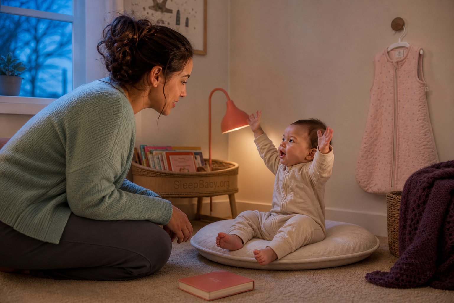 An awake nine-month-old raises both arms and babbles toward a caregiver as dusk settles around a bedtime book, lamp and safely hung sleep sack.