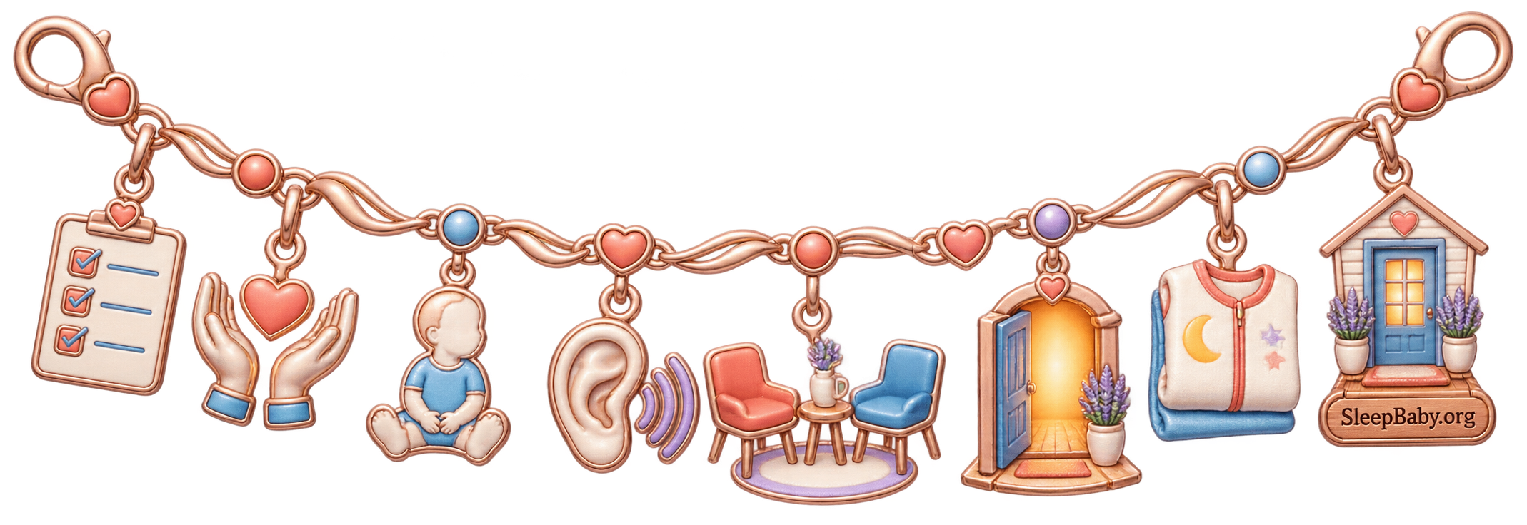 A copper support strand leads from a milestone checklist and listening ear through a conversation and open doorway to a folded sleep sack.