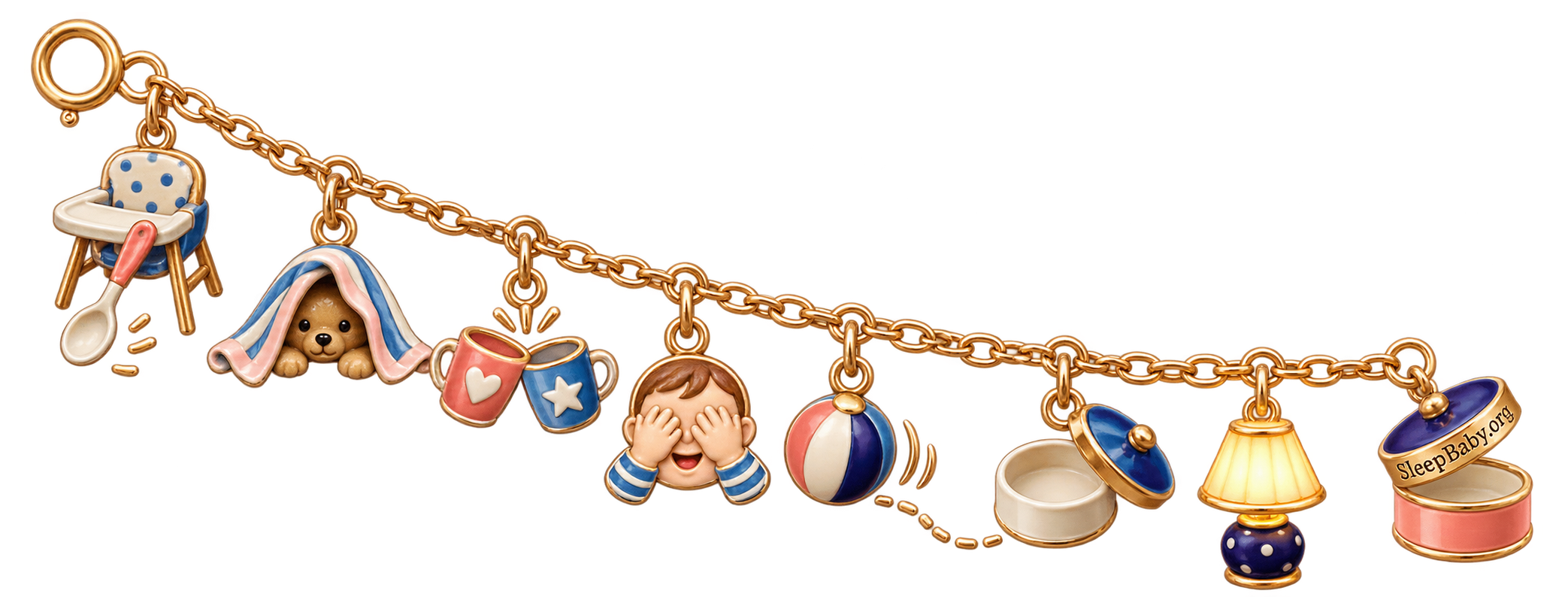 A brass play strand descends through dropping, hiding, banging, peekaboo, rolling and opening before settling at a warm lamp.