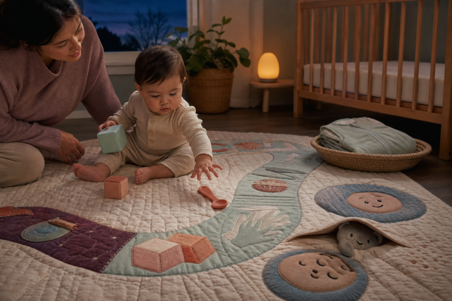 Nine-month-old sits, transfers a block and reaches for a dropped spoon near an empty crib at dusk.