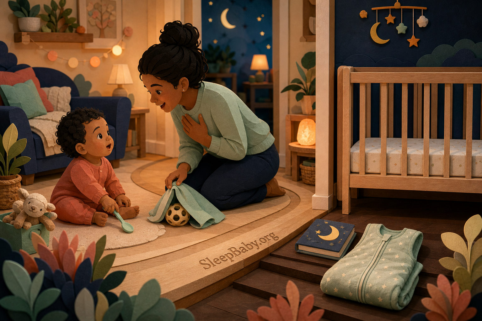 A cut-paper home path follows a baby finding a dropped spoon, sharing the discovery and trying a hidden-toy invitation before bedtime.