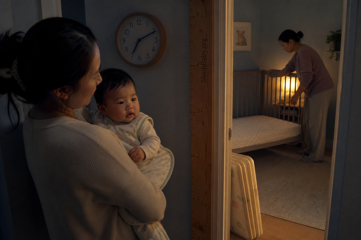 A caregiver holding a nine-month-old beside a clear crib as the two-nap day settles into bedtime