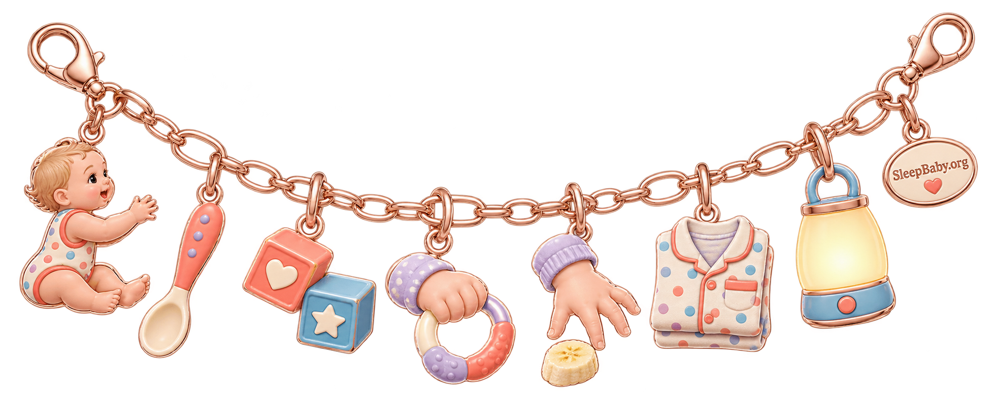 A rose-gold milestone strand moves from supported sitting and a dropped spoon through hand transfer and raking toward pajamas and a warm lamp.