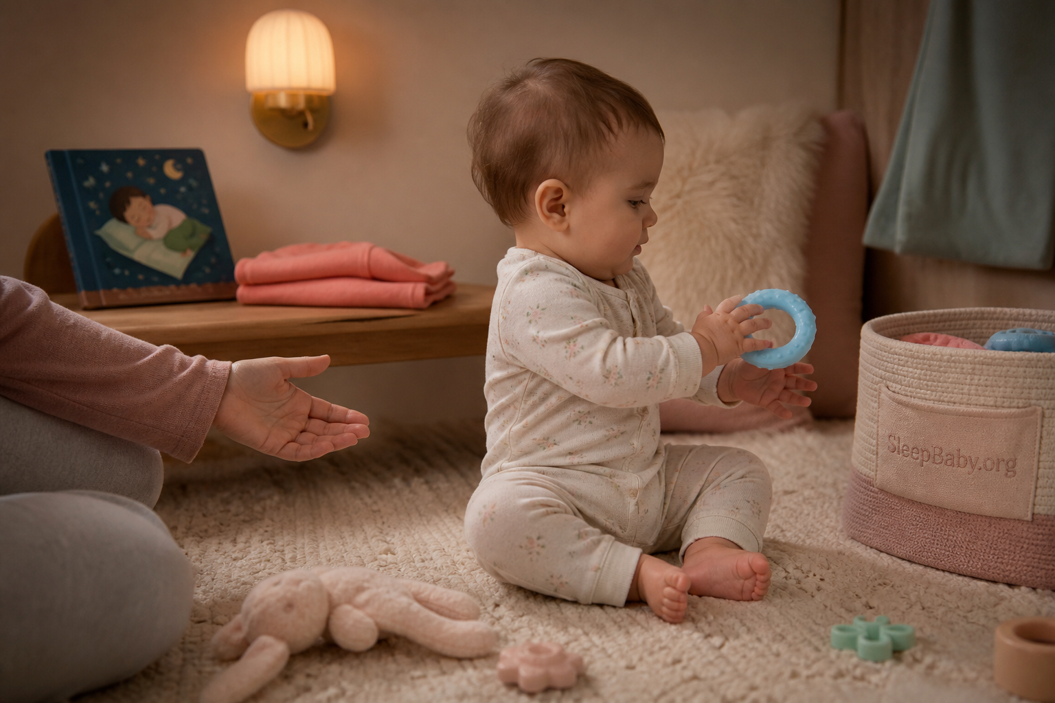 An awake nine-month-old balances on the floor and moves a blue ring between both hands while a caregiver stays within reach.