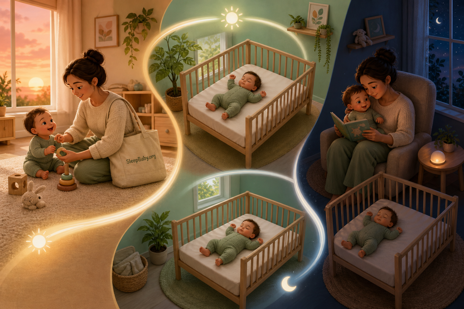 A nine-month-old moving through morning play, two naps, and a warm bedtime handoff