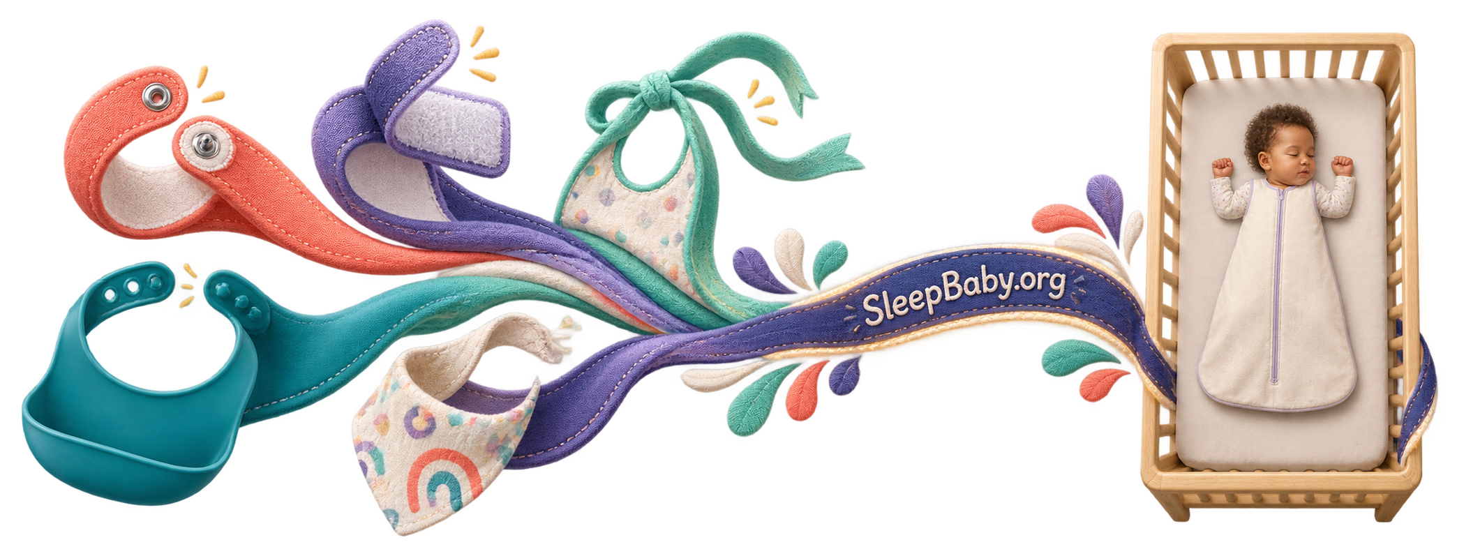 Every bib closure ends before sleep Snap, hook-and-loop, tie, silicone and bandana bibs all lead away from the bare crib