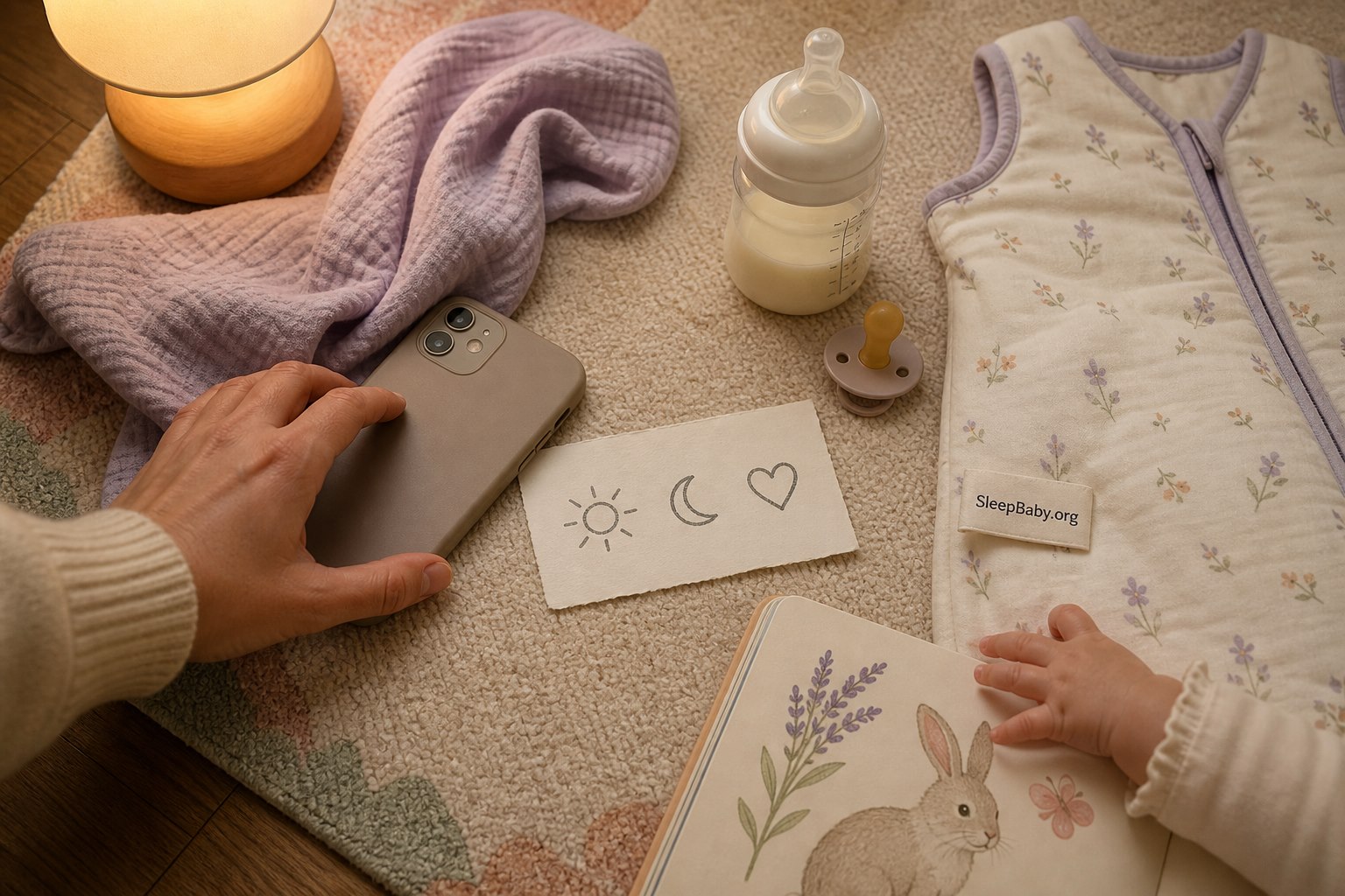 Overhead nursery setup shows a parent placing a phone face-down beside a lamp, bottle, sleep sack, picture note, and baby's hand; a tag reads SleepBaby.org.