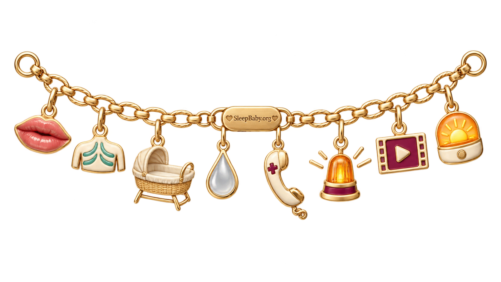 Eight charms connect usual color and easy breathing with a flat bassinet, saline, a clinician call, emergency help, a video, and dawn