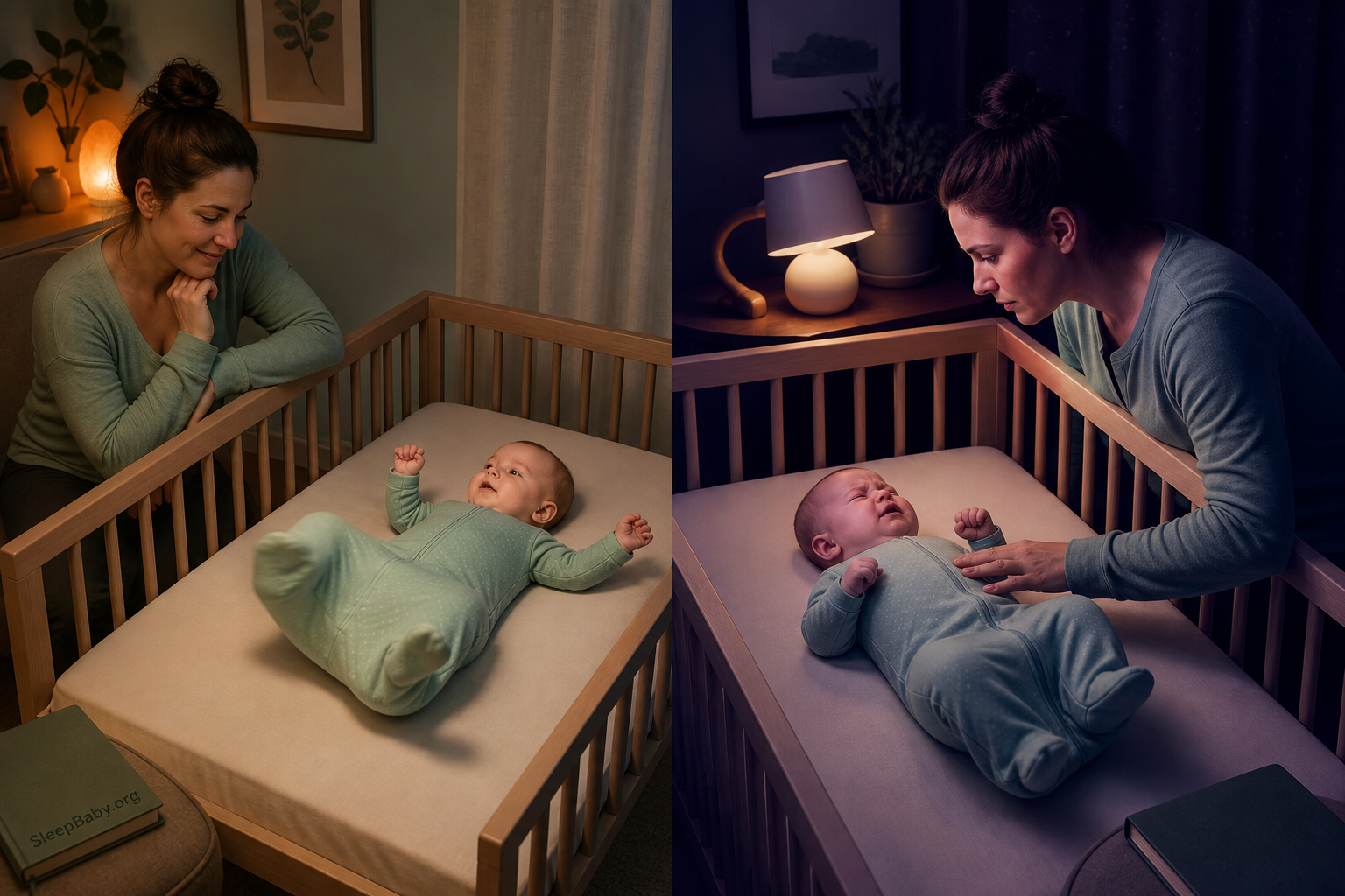 Side-by-side bedtime scenes showing calm movement and a closer breathing and color check