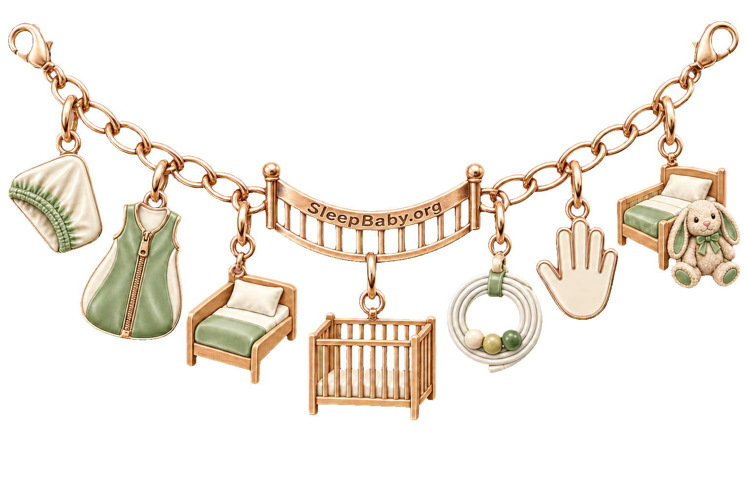 A rose-gold crib-rail strand separates baby sleep essentials from toddler bedding, cable and plush-toy risks