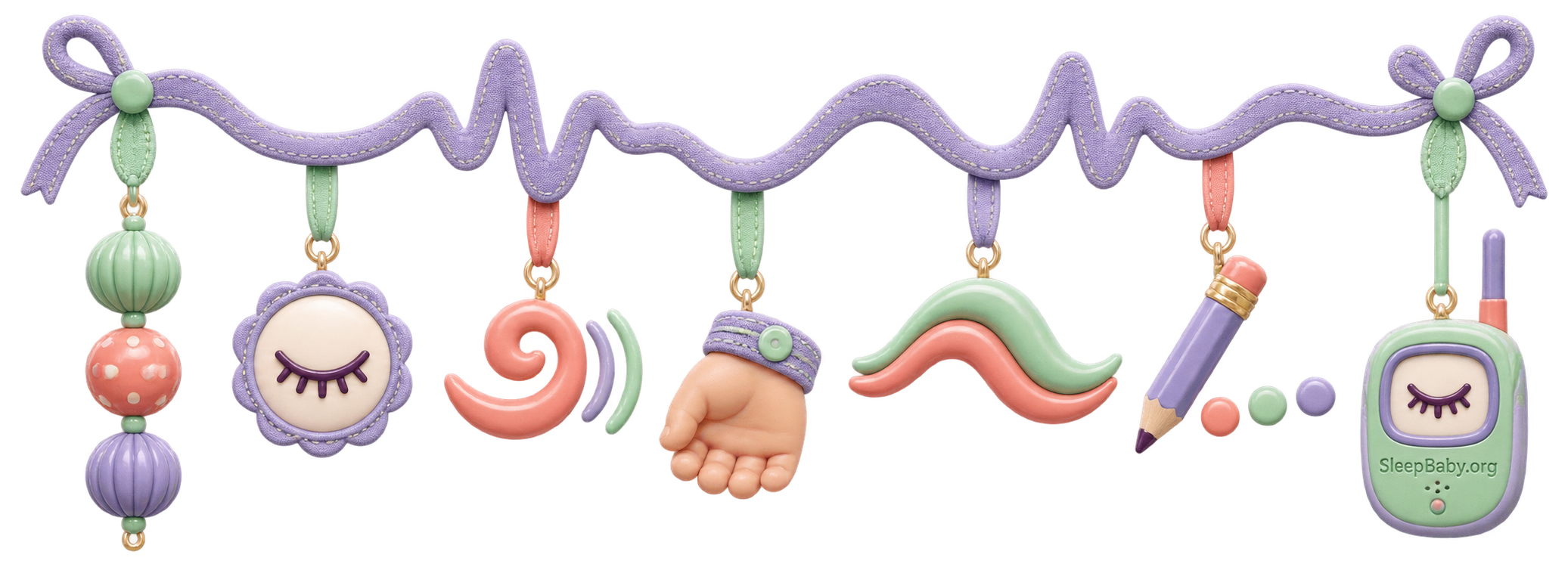 Wave-shaped editorial ribbon with observation beads, closed eyes, sound curl, relaxed hand, breathing curve, pencil dots, and monitor