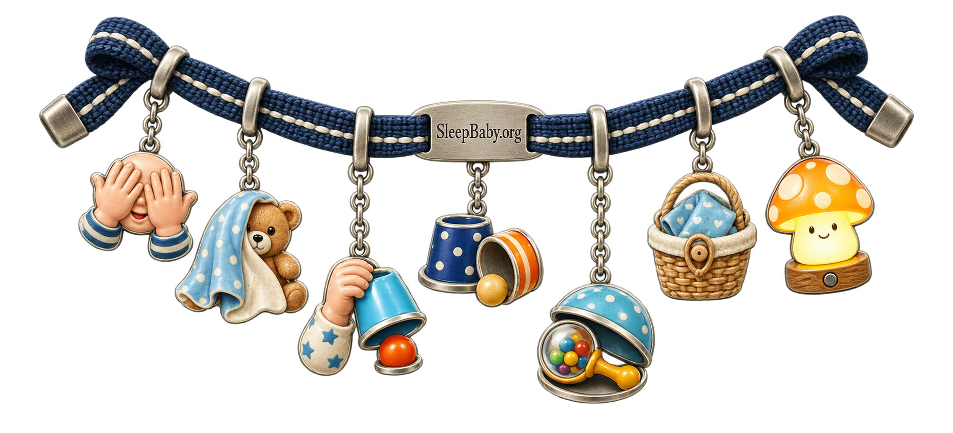 Practice ribbon with peekaboo, covered-toy, cup-search, rattle, folded-cloth, and nightlight charms.
