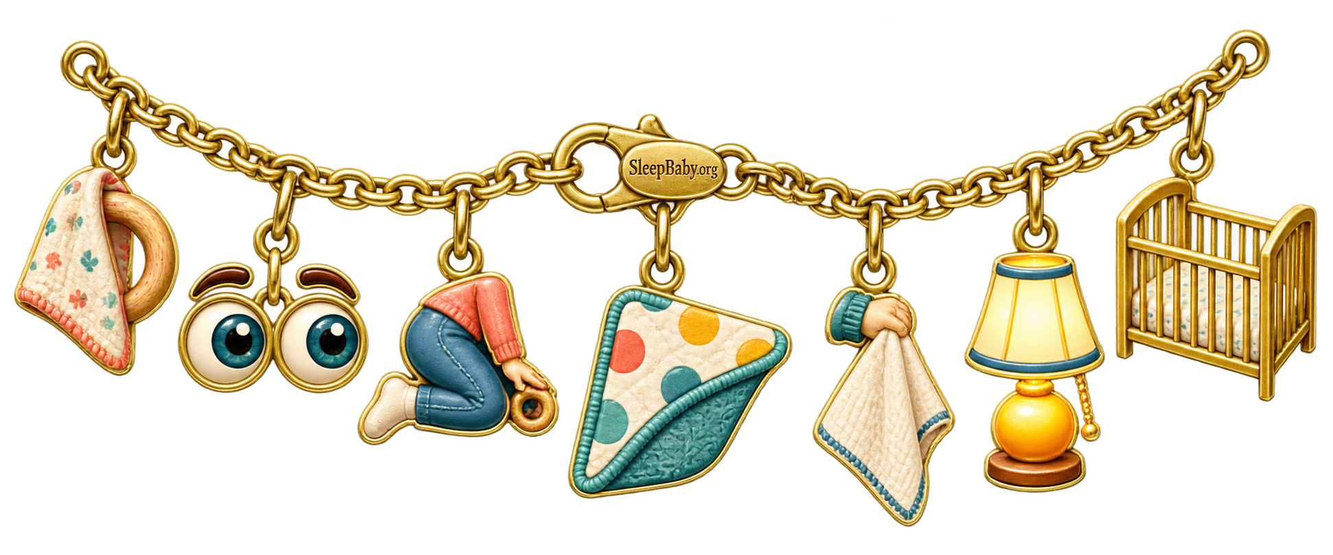 Recognition ribbon with hidden-ring, tracking-eye, washcloth, lamp, and safe-crib charms.