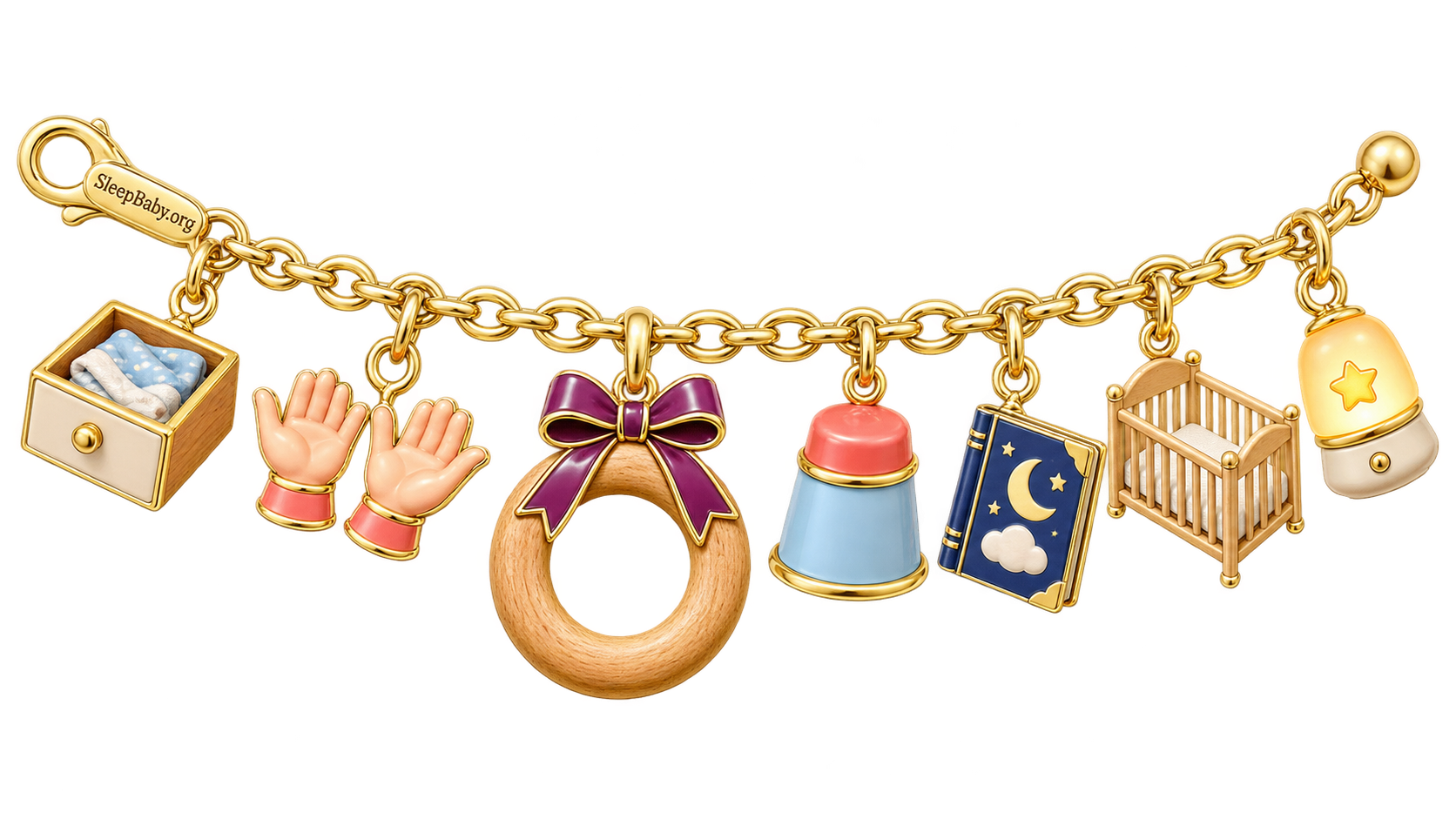 Closing ribbon with returned-ring, open-hands, put-away-cloth, bedtime-book, safe-crib, and nightlight charms.