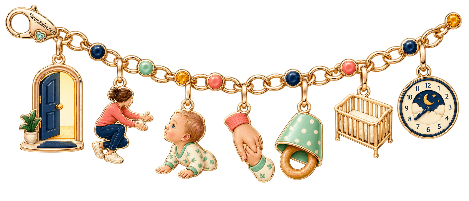 Interpretation ribbon with doorway, returning-caregiver, hidden-ring, safe-crib, and evening-clock charms.