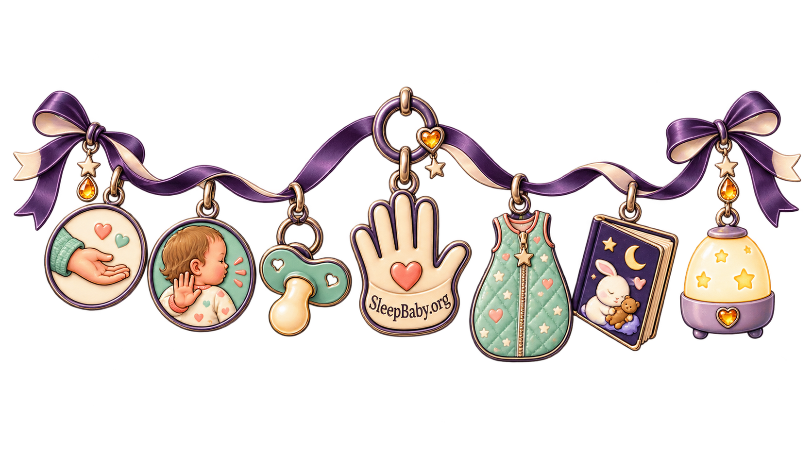Charm ribbon showing an open palm, a baby turning away, a pacifier, a pause hand, sleep sack, bedtime book, and nightlight.