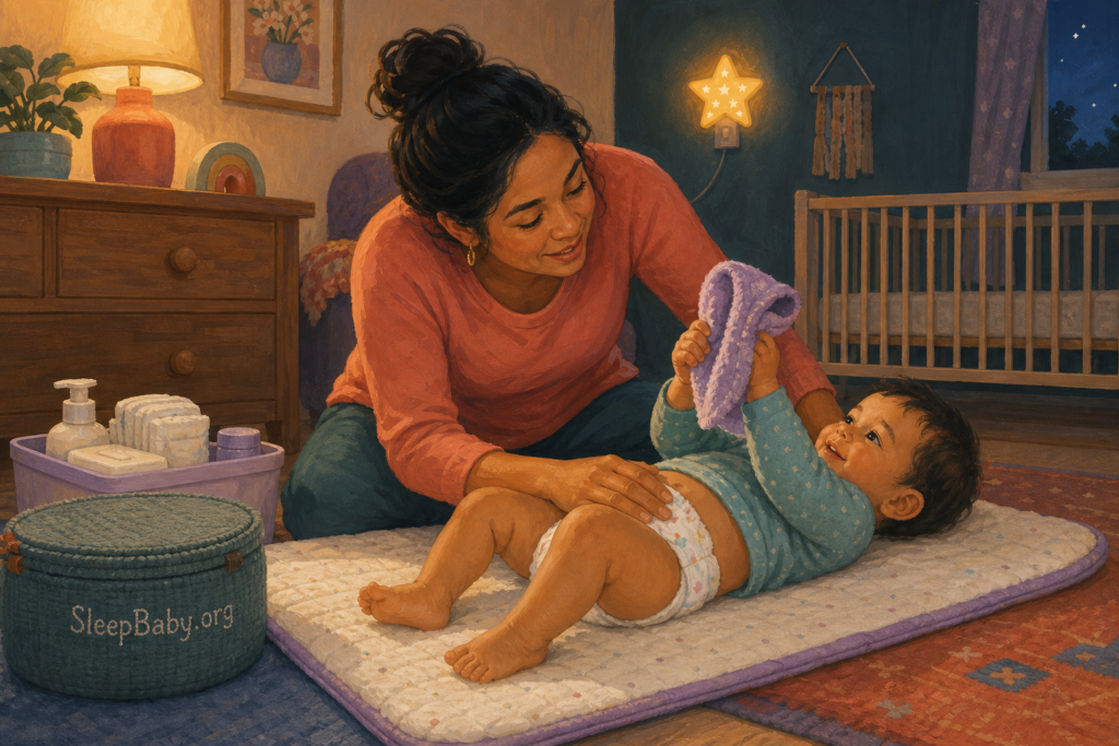 An older baby holds a soft cloth on a clean floor changing mat while a caregiver offers support beside a closed supply basket.