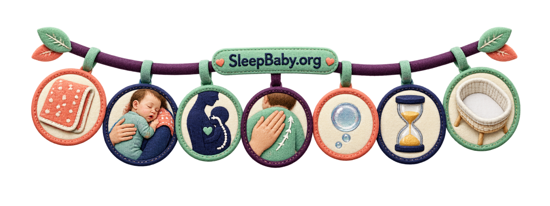 A One-Minute Gentle Burping Sequence Seven fabric emblems show a shoulder cloth, supported infant, upright chest, back rub, air bubble, timer, and bare bassinet.