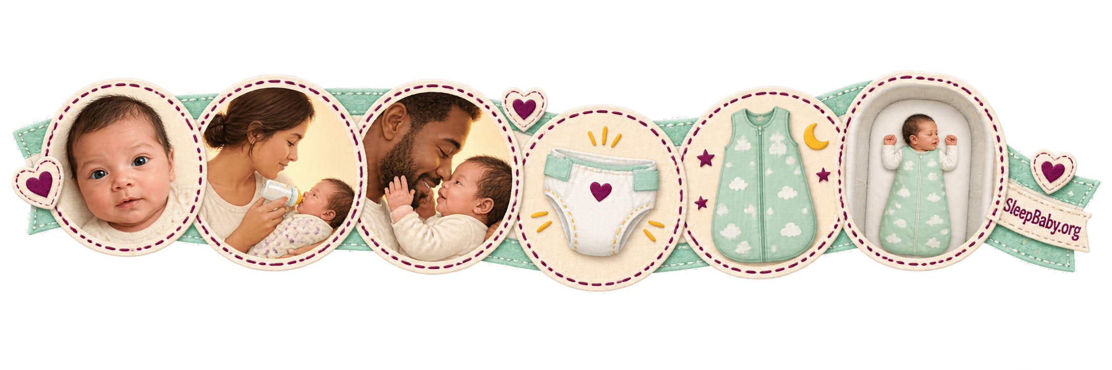 Mint patchwork rail moving from an alert newborn through feeding and face-to-face care to a sleep sack and back-sleep bassinet
