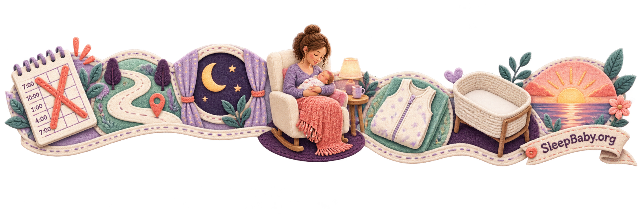 Lavender stitched path crossing out a timetable and moving through moonlit feeding, a sleep sack, empty bassinet and dawn