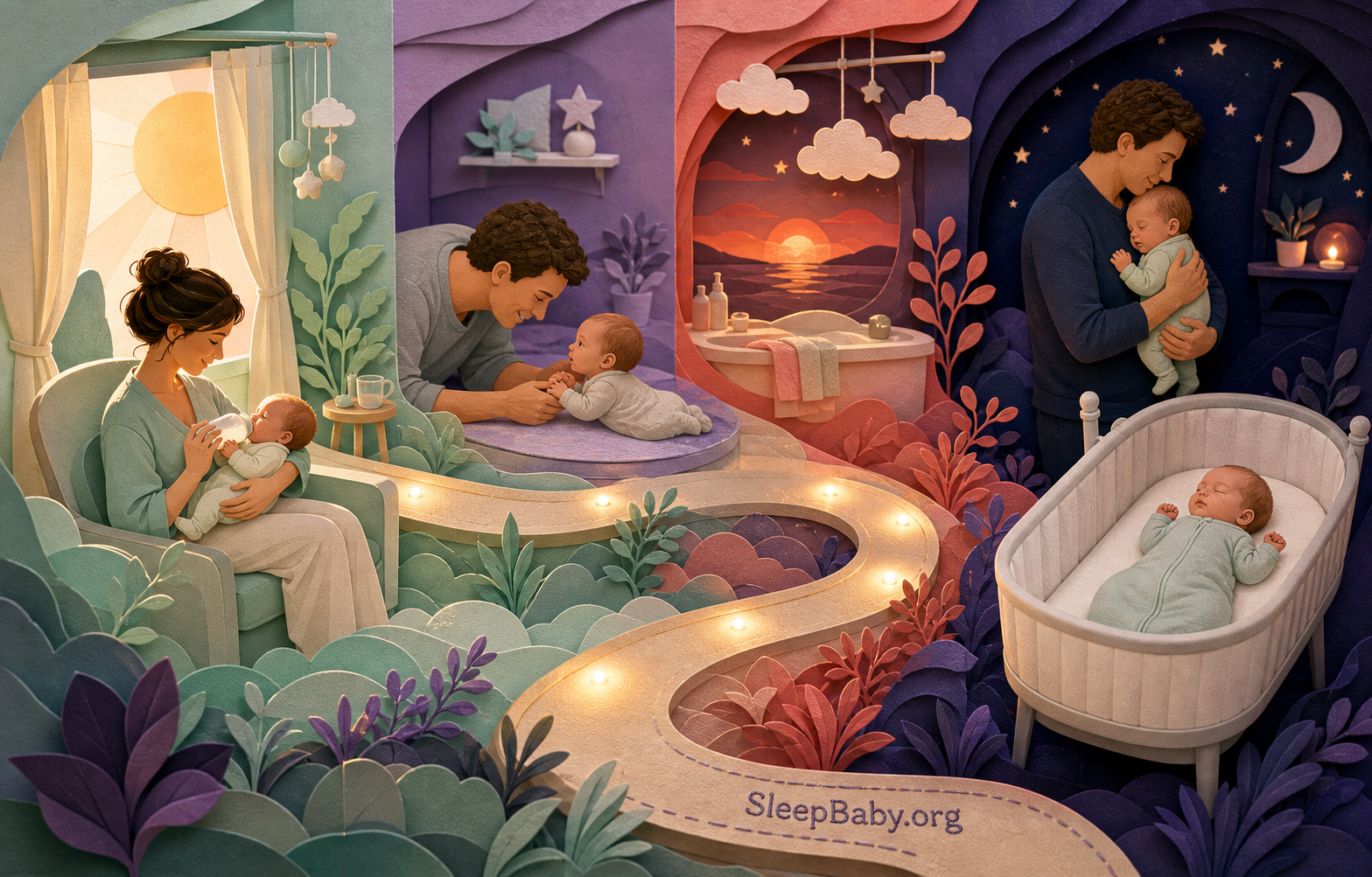 Dimensional SleepBaby path connecting feeding, brief alert time, evening care and a safe moonlit bassinet return