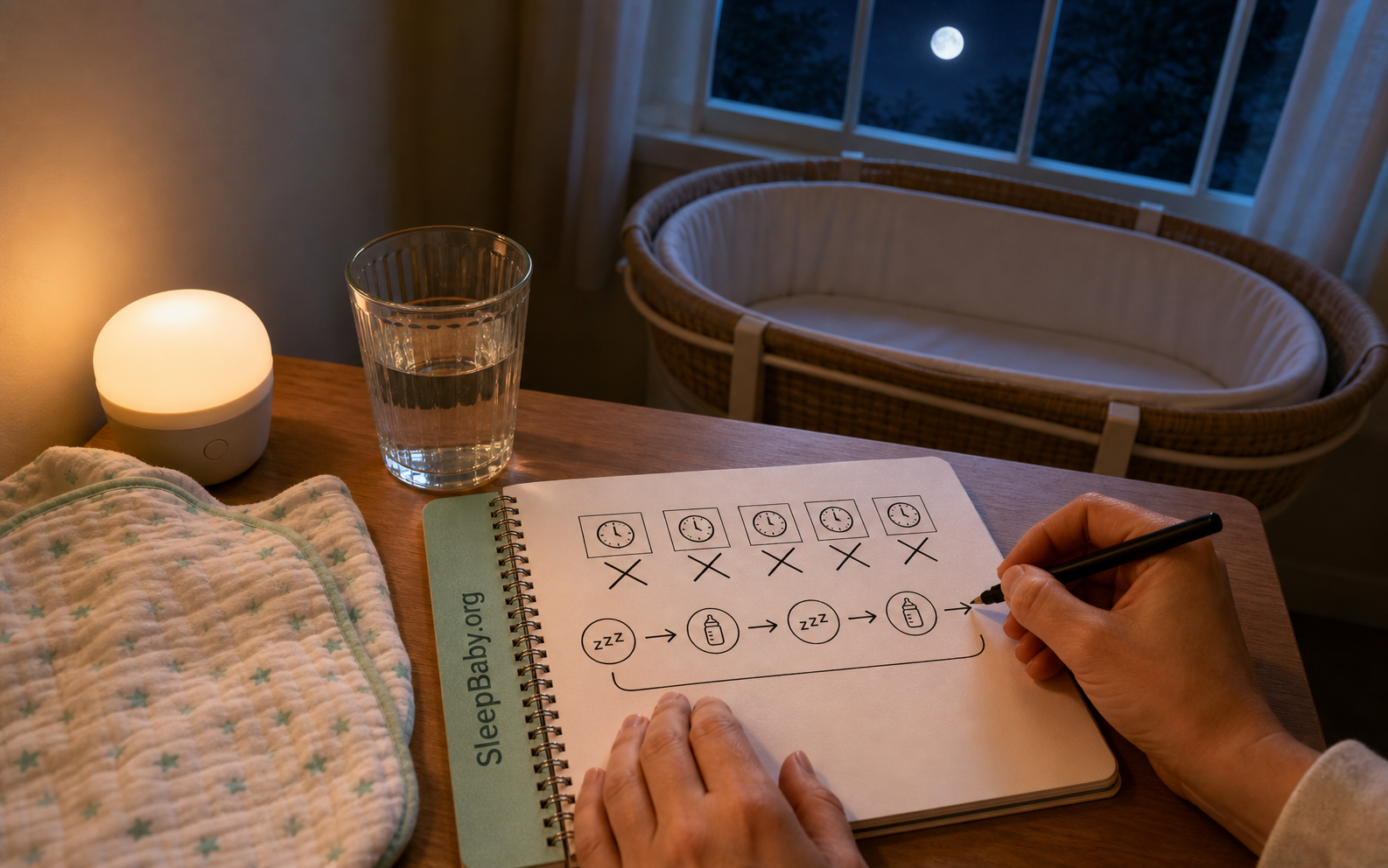 Caregiver crosses out clock boxes in a SleepBaby notebook and sketches a sleep-feed loop beside an empty bassinet