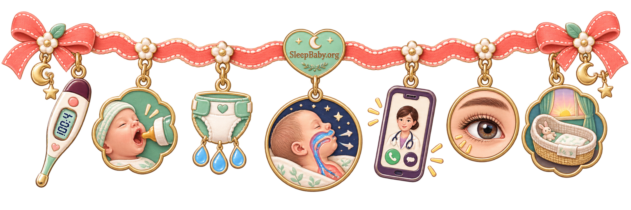 Charm ribbon showing a thermometer, feeding, wet diaper, breathing, pediatric phone, alert eye, and safe bassinet