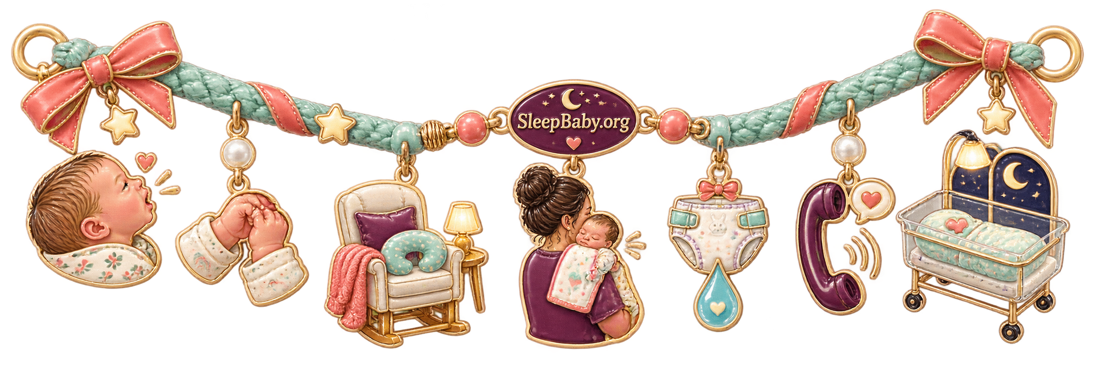 Charm ribbon linking rooting, hands-to-mouth, nursing chair, burping, wet diaper, clinician call, and bassinet