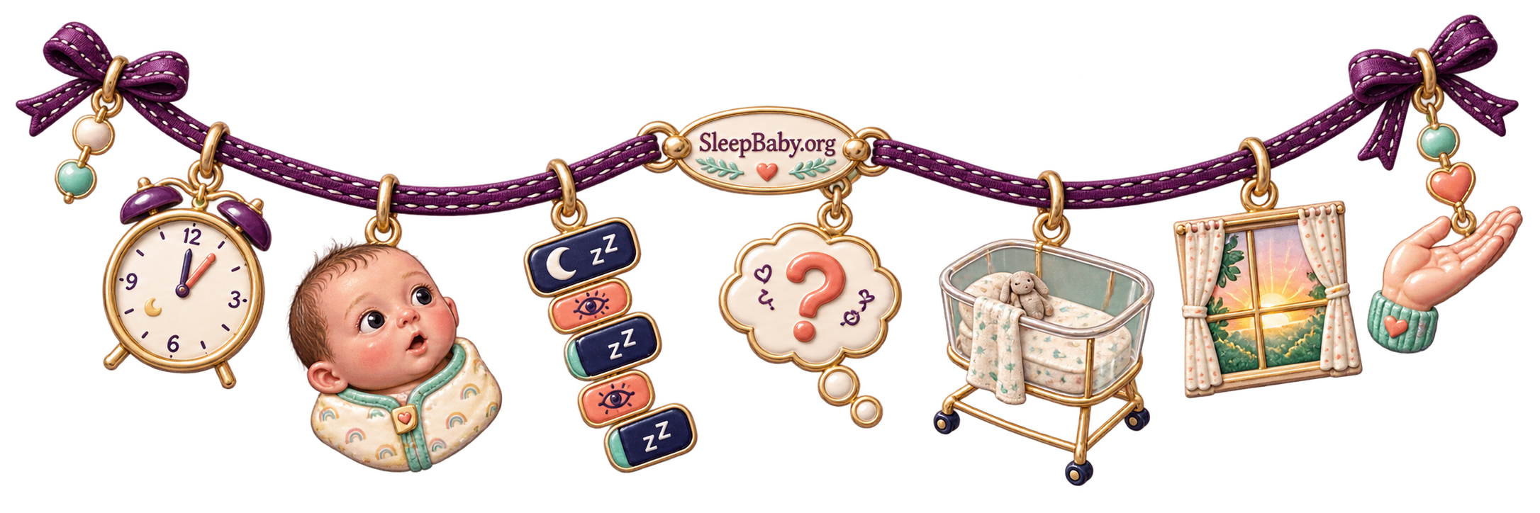 Charm ribbon showing a late clock, alert newborn, broken sleep blocks, question, clear bassinet, sunrise, and calming hand