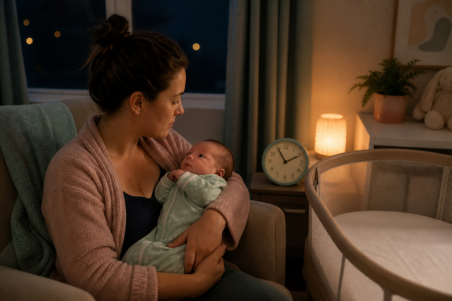 Parent holding an alert one-month-old beside a clear bassinet and late-night clock