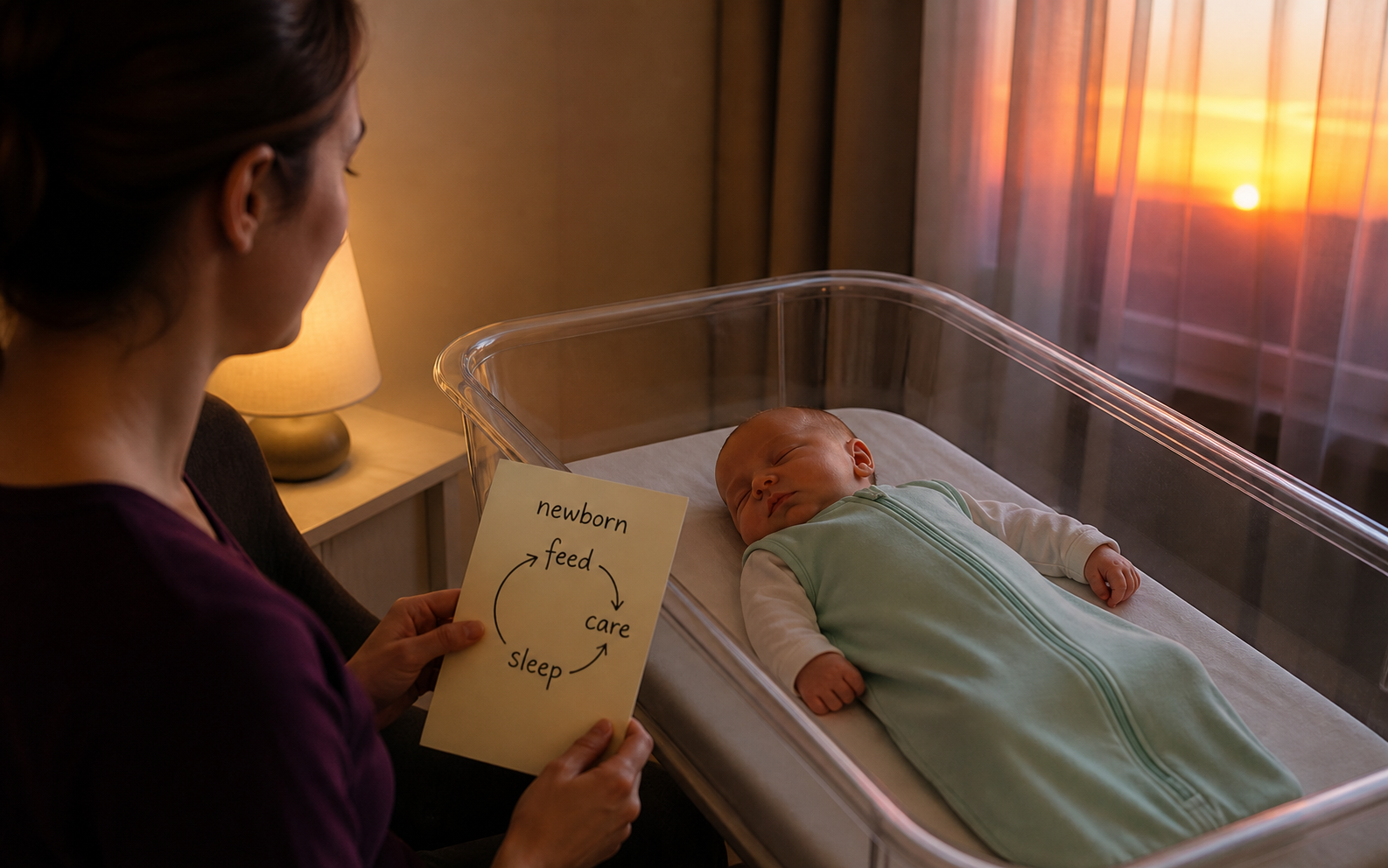 Caregiver watches a one-month-old sleep on their back in a bare bassinet at dawn while holding a feed-care-sleep rhythm card