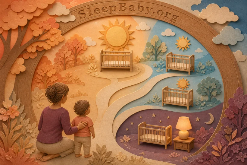 A caregiver and awake toddler face three paper paths: one large midday crib nap, two smaller crib naps, or a brief rest leading to an earlier lamp-lit bedtime.
