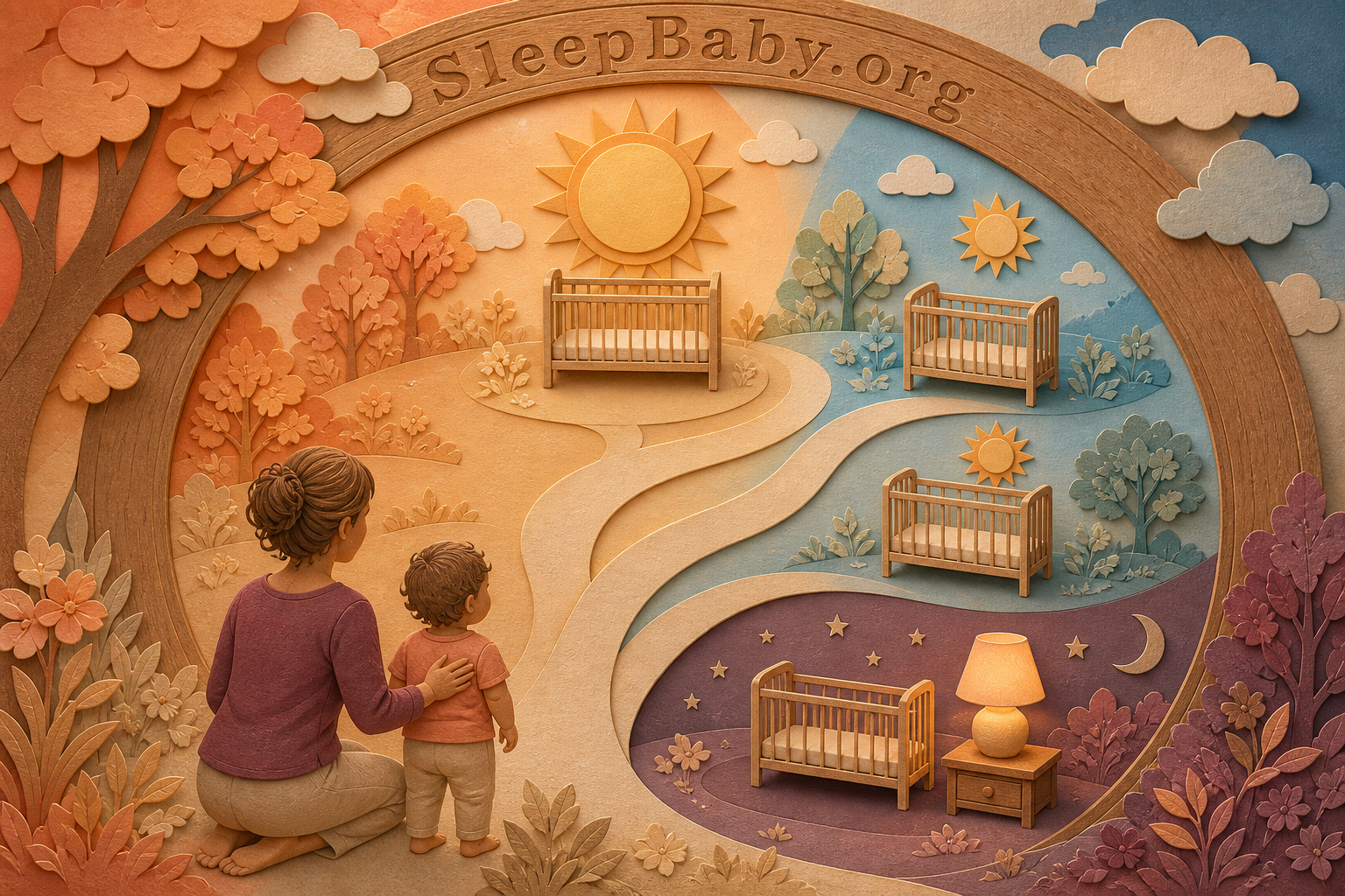 A caregiver and awake toddler face three paper paths: one large midday crib nap, two smaller crib naps, or a brief rest leading to an earlier lamp-lit bedtime.