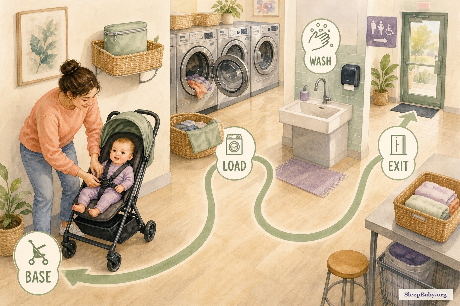 Illustrated laundromat route moves from a brake-set stroller base to one washer, a handwashing sink, and a clear exit.