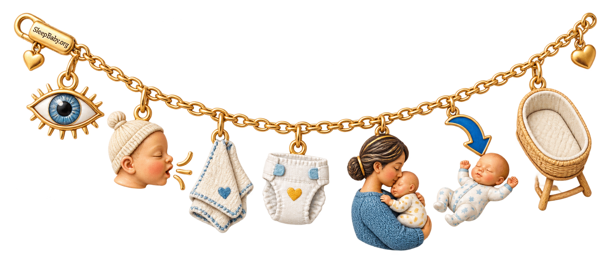 A descending gold garland moves from an open eye and rooting cue through a burp cloth, diaper, brief cuddle, back-sleep arrow, and bare bassinet