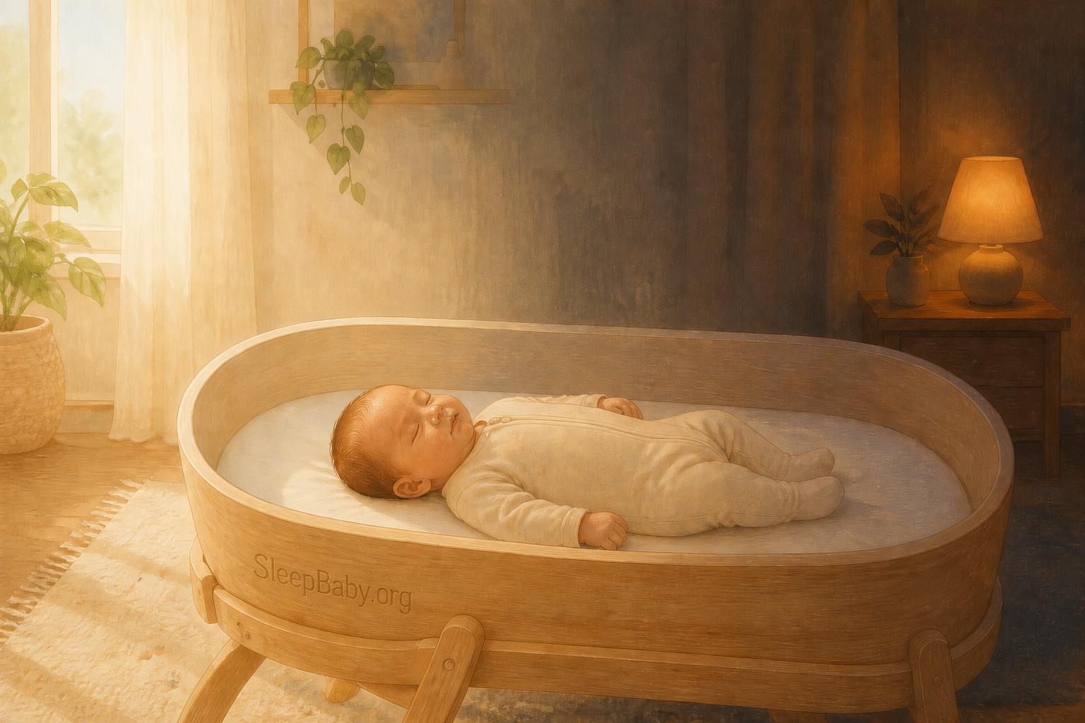 One newborn sleeps on their back in the same bare bassinet as daylight fades into a warm night